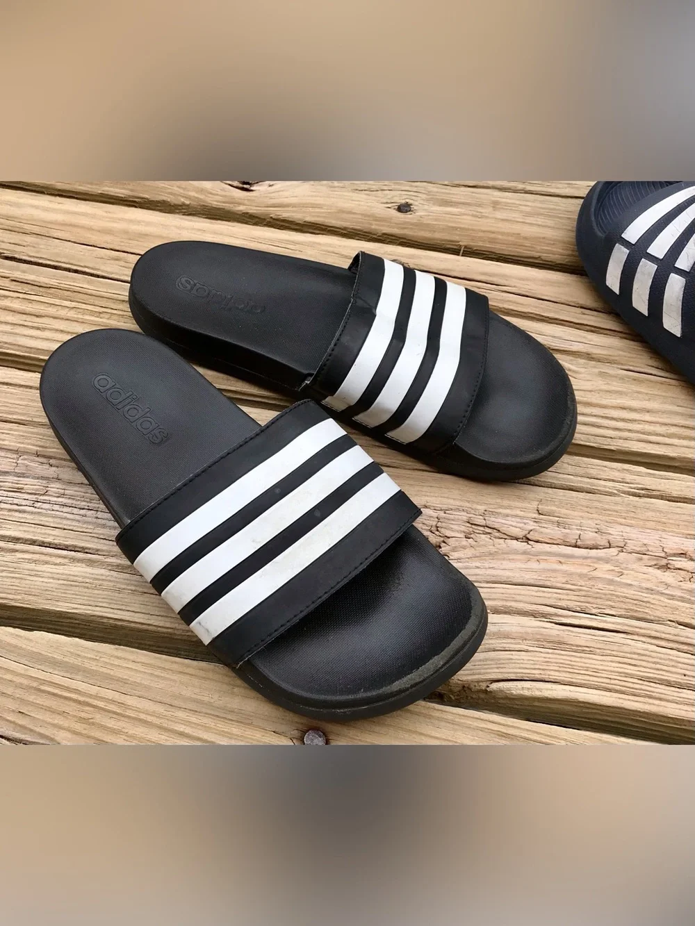 2 Pair Mens 6 7 Womens 8 9 ADIDAS Black Navy Blue Stripe Slide Sandals